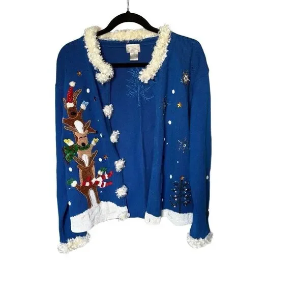 Berek Womens M Blue Ugly Christmas Cardigan Stacked Reindeer Pom Pom - Picture 1 of 6